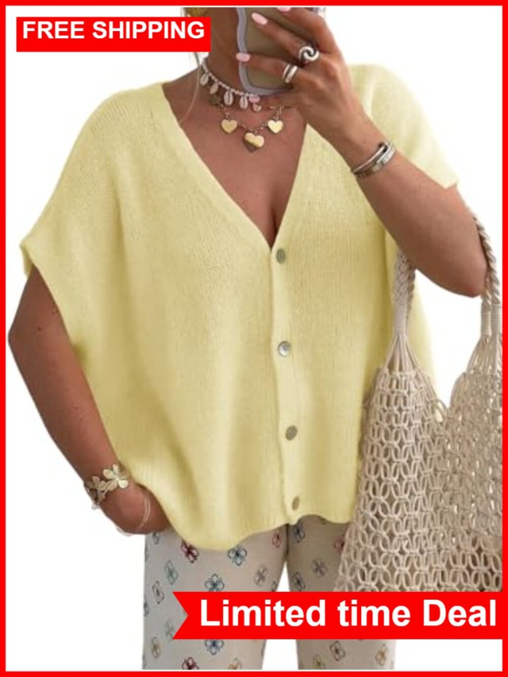 Womens Oversized Short Sleeve V-Neck Button Down Cardigan Sweater